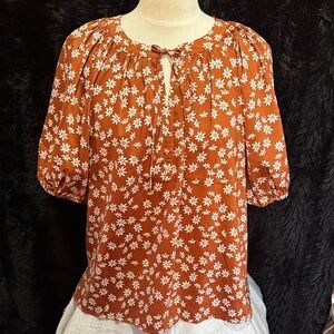 LOFT Rust Floral Tie-Neck Peasant Blouse